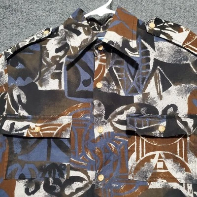 VTG Waltah Clarke's Hawaiian Shirt Mens M/L Floral Geometric Leaf AOP 80s Luau - Image 1 of 4