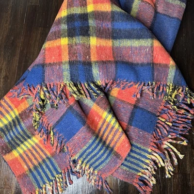 VTG Huge Reversible Plaid Throw Blanket Multicolor Wool Cozy 60" x 72" - Image 1 of 4