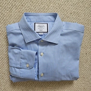 Charles Tyrwhitt Dress Shirt Men's 17.5 Blue Check Non-Iron Classic Fit Work VGC - Picture 1 of 9