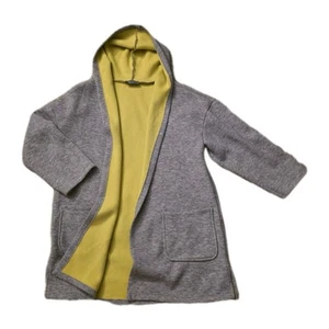 Graumelierte Sweatjacke, lang, Gr. 44, von Aust, mit Kapuze, innen gelb - Bild 1 von 4