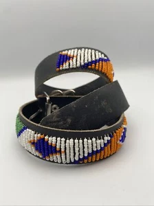 African Masai Beaded Dog Collar Genuine Leather Fair Trade Size Large 31” - Picture 1 of 6