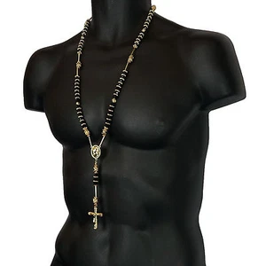 Mens Hip Hop 8mm BLACK Bead 14kt G.P Rosary Pray Hand & Jesus Cross Necklace GBK - Picture 1 of 6