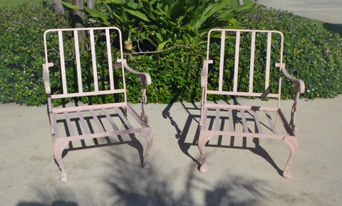 Pair of 2 Vintage Pink Wrought Iron Lawn Chairs No cushions Cover