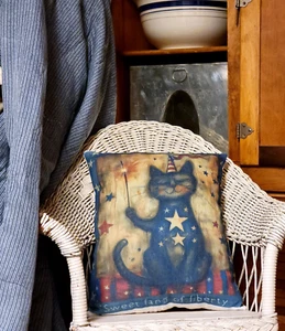 New Primitive Farmhouse Americana Patriotic Folk art inspired July 4 Cat Pillow - Picture 1 of 3