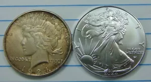 TWO BEAUTIFUL AMERICAN COINS- 1924 SILVER PEACE DOLLAR AND 2024 SILVER EAGLE - Picture 1 of 2
