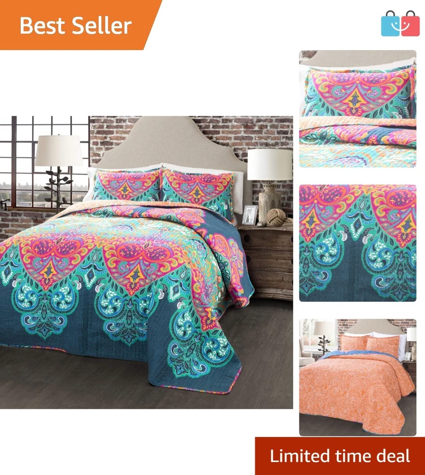 五颜六色的佩斯利特大号被子套装 - 3 件套双面床上用品,全年使用 — 第 1/4 张图片