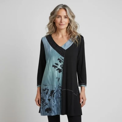 Петрушка и шалфей синий черный галстук краситель Artsy богемное туника верхний вискоза Джерси размер большой - Изображение 1 из 4