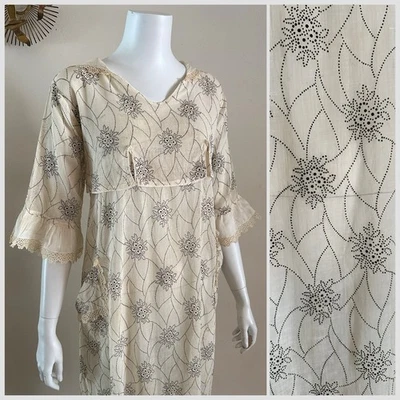 1910s Antique Edwardian Sheer Cotton Dotted Floral Web Tea Dress Lace Trim VTG - Image 1 of 4