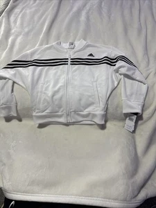 NWT Girls Adidas White Striped Full Zip Youth Size XS Jacket - Picture 1 of 8