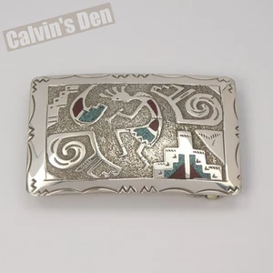 Fibbia per cintura Kokopelli intarsiata con chip di corallo turchese argento sterling timbrato Navajo - Foto 1 di 12