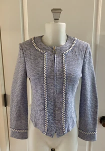 St John Collection Knit Blazer Jacket Size 4 Blue White Trim Full Zip Classic - Picture 1 of 15