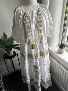 F+F Ladies Cotton Layered maxi beach Dress Summer White Gold tassels boho Sz 22 - Picture 1 of 10
