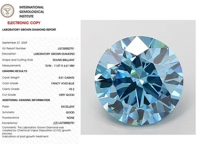 5.01 Round Lab Grown Diamond Engagement Ring IGI Certify Fancy Vivid Blue VS2 - Image 1 of 4