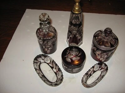 GORGEOUS 6 PC. CRANBERRY CASED GLASS CUT-TO-CLEAR DRESSER SET c. 1900 - Image 1 of 4