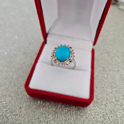 Anillo de halo de turquesa y zafiro de la Bella Durmiente en platino sobre plata esterlina Foto 1 de 4