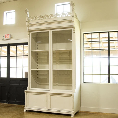 Pair, Dramatic 12' Tall Antique Bookcase Large White Display Cabinets from Spain Cover