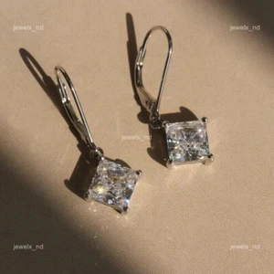 14K Solid White Gold Diamond Prong Dangle Drop Unique Mother Dazzling Earrings - Picture 1 of 17