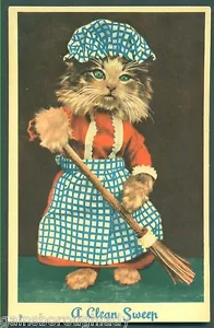 DRESSED CAT POSTCARD - MASONS ALPHA SERIES - No. 9-"A CLEAN SWEEP" - Foto 1 di 2
