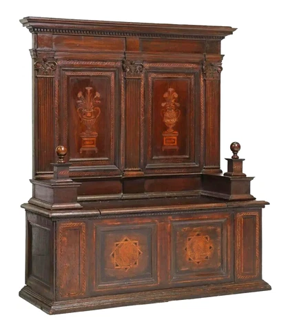 Antique Hall Bench, Cassapanca, Italian Marquetry, Fluted Pilasters, 1700's! Cover