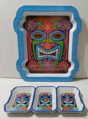 Amscan Melamine 13x15 Tiki Shaped Serving Tray and Separated Divided Dish 12x6 - Image 1 of 3