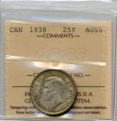 1938 Canada 25 Cents - Choice About Uncirculated, ICCS AU 55 - Image 1 of 3