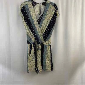 Greylin Blue Floral Patchwork V Neck Romper Elastic Waist Pockets Lined NWOT - Picture 1 of 11