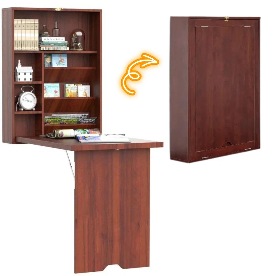 HOMCOM Wall Mounted Desk Convertible Fold Out Office Table W/Shelves, Brown - Image 1 of 4