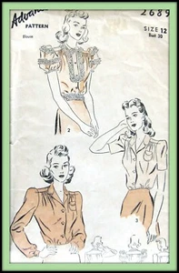 BLOUSES Tuck-in 3 Styles Jrs TEEN Miss ADVANCE 2689 Vtg 40's RARE Sewing Pattern - Picture 1 of 5