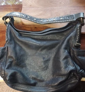 Black Leatherock Studded hobo handbag purse embellished cowhide nice leatherwork - Picture 1 of 5