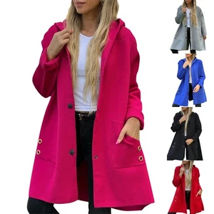 Women's Loose Casual Solid Color Single Breasted Hooded Jacket Woolen Coat Coat - Picture 1 of 27