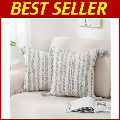 Juego de fundas de almohada a rayas boho - gris y crema Foto 1 de 4