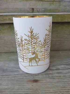 YANKEE CANDLE Reindeer Forest Gold & white Large Glass Jar Candle Holder  NEW - Image 1 of 4