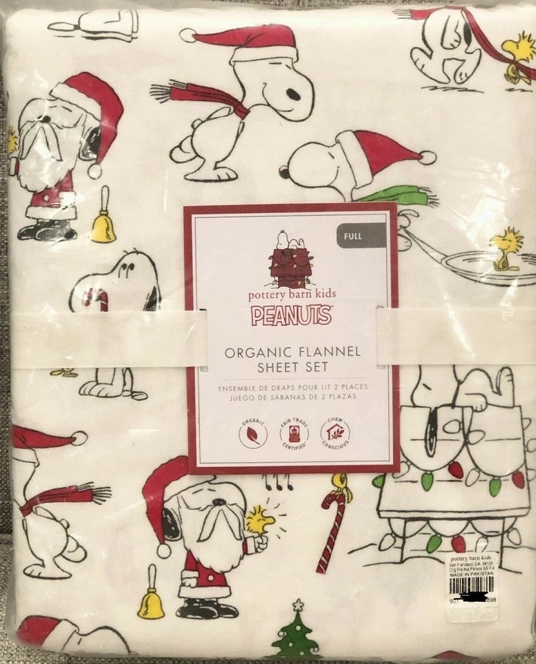 NEW Pottery Barn Kids Flannel Peanuts Full Sheet Set Holiday Christmas Snoopy - Image 1 of 1