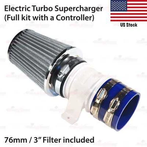 12V SILVER Narrow Filter Electric Turbine Power Turbocharger Kit Air Intake Fan - Picture 1 of 8
