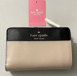 Kate Spade Staci Beige Black Medium Compact Bifold Wallet WLR00124 NWT $169 - Picture 1 of 10