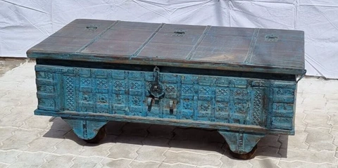 Coffee table antique trunk storage old wooden trunk chest vintage box blue Cover