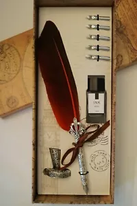 Vintage Style Calligraphy Feather Quill Pen Metal 5 Nib Dip Pen Set Holder & Btl - Picture 1 of 8