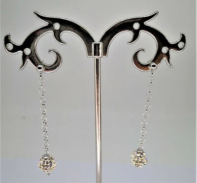 NUOVI ORECCHINI PENDENTI DONNA ORO BIANCO 18K 750 CHARM SFERA ZIRCONI DIAMANTE - Immagine 1 di 2