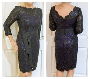 Vestido de cóctel Tadashi Shoji de encaje 6P negro púrpura metálico lentejuelas hasta la rodilla - Imagen 1 de 12