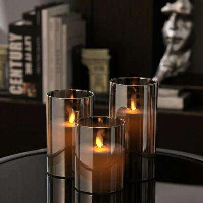 3x Glass Candles Wax LED Set With Remote Control Timer Flameless Flickering UK - Image 1 of 4