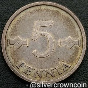 Finland 5 Pennia 1973. KM#45. Copper Five Cents Pence coin. Four joined loops. - Picture 1 of 7