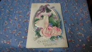 Old Postcard Easter Greetings Embossed Beautiful Chick Standing in Oval Flowers - Picture 1 of 2