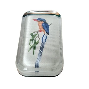 Paperweight Needlepoint Kingfisher Bird Glass Embroidery Hummingbird Cottagecore - Picture 1 of 9
