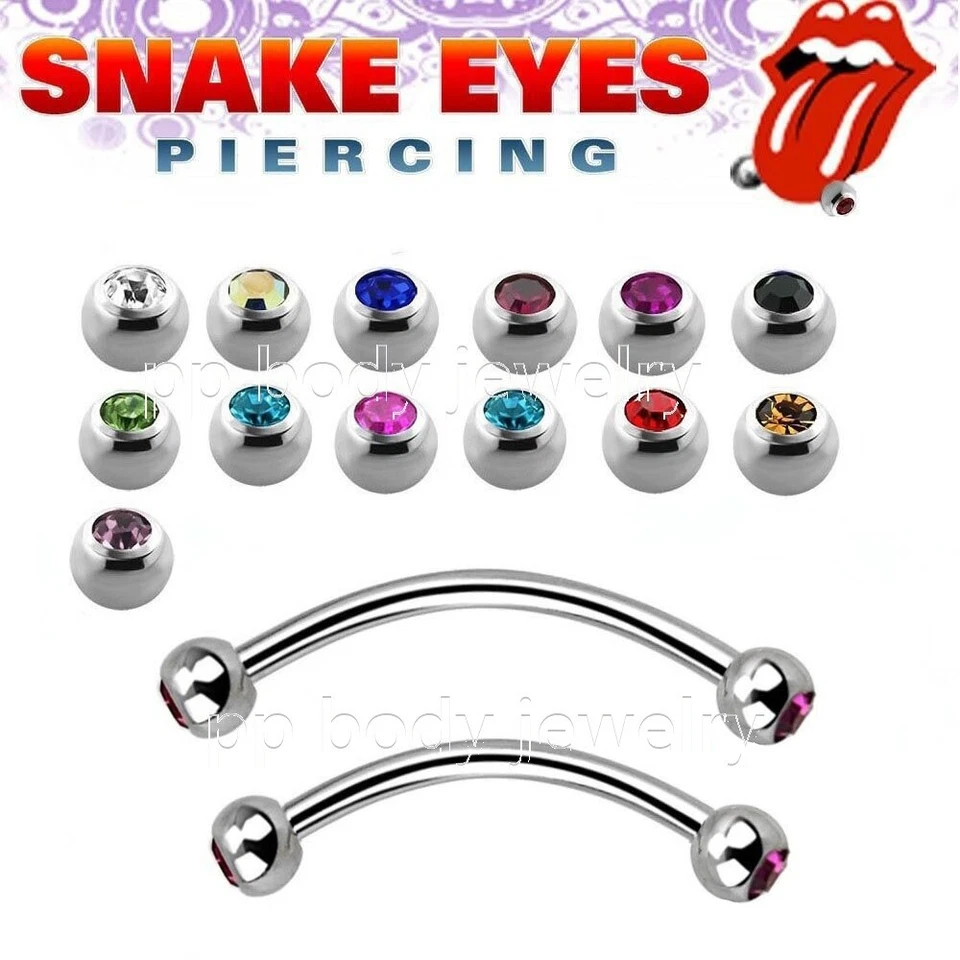 2 peças. Piercing 16G 9/16" 5/8" aço gema dupla curvo língua barbela olhos de cobra - Imagem 1 de 1