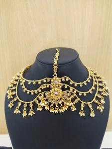 Indian Fashion Jewelry damini Set Bollywood Ethnic Gold Plated Bridal Tikka Set - Picture 1 of 3