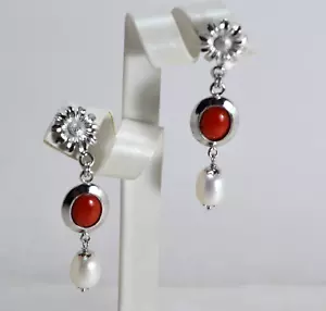 ORECCHINI ARGENTO 925 CABOCHON CORALLO ROSSO PERLE D'ACQUA DOLCE AGHT 0938 - Foto 1 di 3