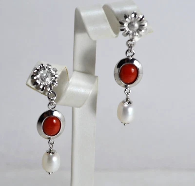 ORECCHINI ARGENTO 925 CABOCHON CORALLO  ROSSO  PERLE D'ACQUA DOLCE     AGHT 0938 - Immagine 1 di 3