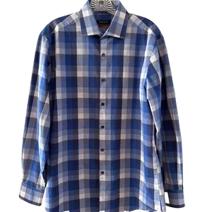 Camisa de vestir Van Heusen cuello flexible calce ajustado azul manga larga a cuadros talla 15 1/2 - Imagen 1 de 7