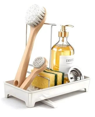 Carrito de fregadero de aspecto cerámico, soporte de esponja a prueba de óxido para fregadero de cocina blanco crema Foto 1 de 4