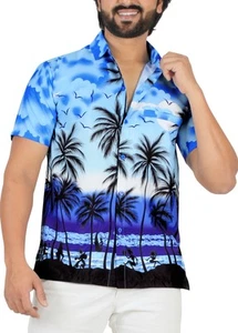 LA LEELA Mens Hawaiian Short Sleeve Button Down Shirts M Island View, Blue - Picture 1 of 3